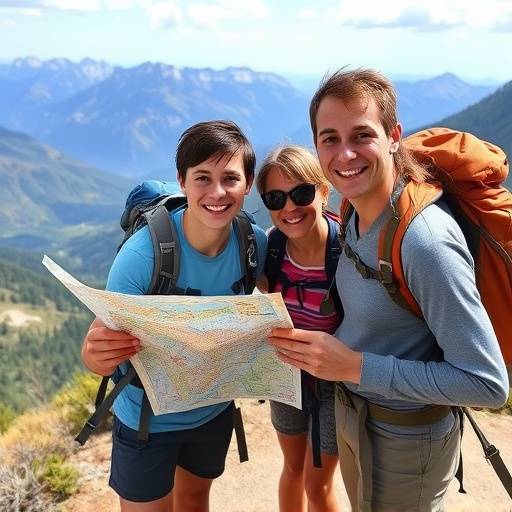 A group of hikers smiling and looking at a map on a scenic mountain trail