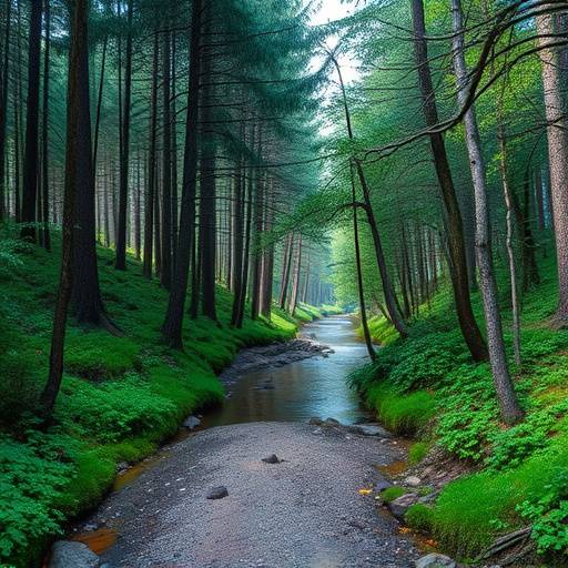 A path through a dense forest with a clear stream running alongside.
