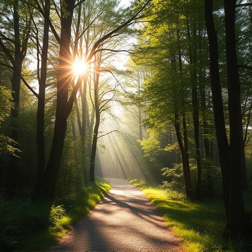 A serene forest path with sunlight filtering through the trees.