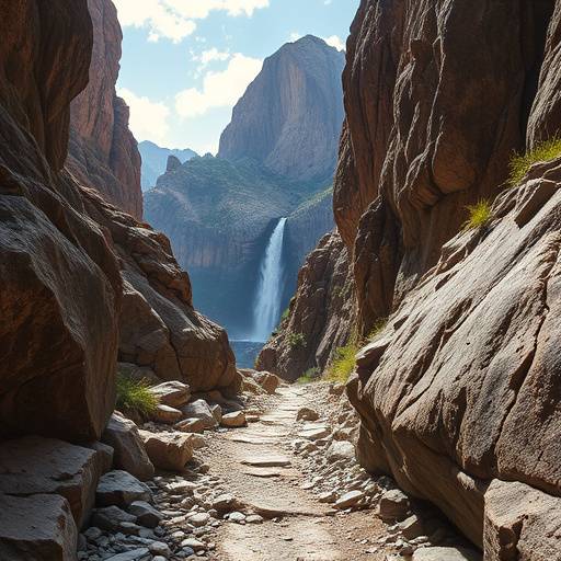 A steep climb through a rocky gorge with a waterfall in the distance.