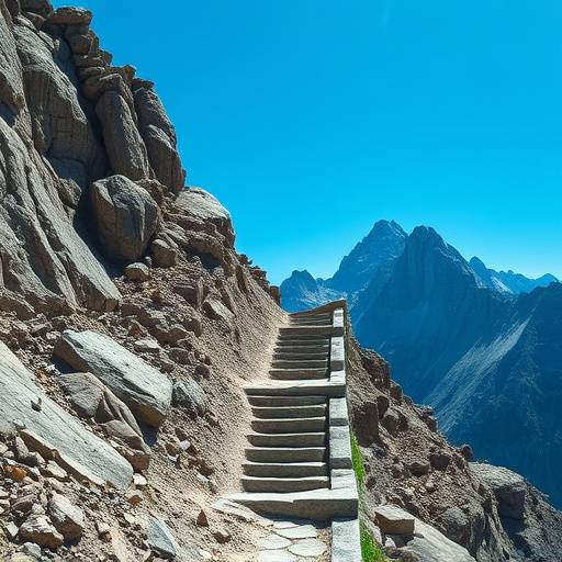 A steep, rocky mountain trail with a clear blue sky above.