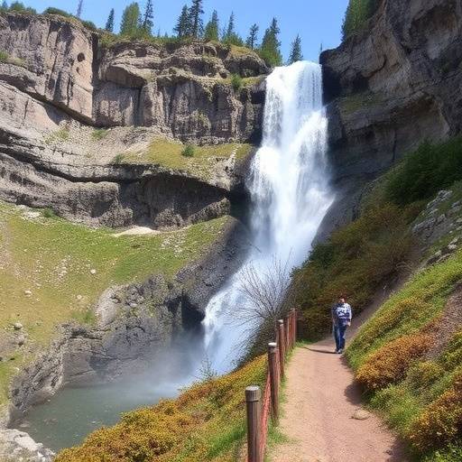 A trail leading to a majestic waterfall cascading down a rocky cliff.