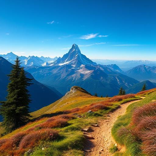 A trail leading to a mountain summit with a vast, beautiful landscape.