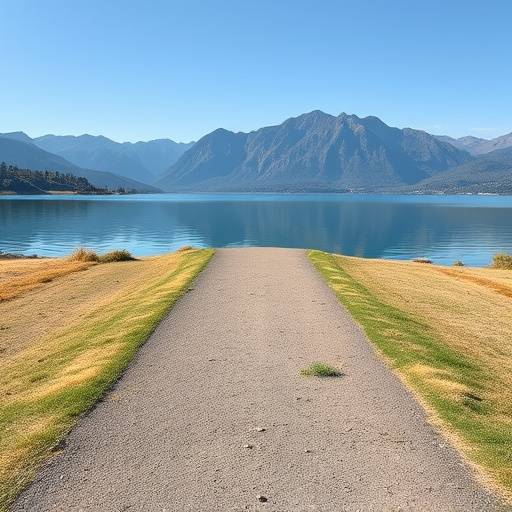 A wide, flat path beside a calm lake with mountains in the background.
