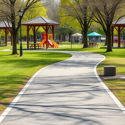 A wide, paved path through a park with picnic tables and a playground.