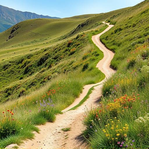 A winding trail ascending a hillside with wildflowers blooming.