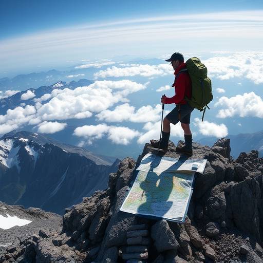 Hiker looking at a map on a mountain summit, symbolizing exploration and planning.