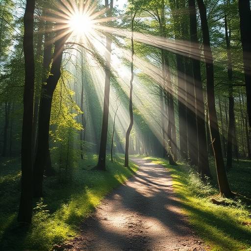 Tranquil forest path with sunbeams filtering through trees